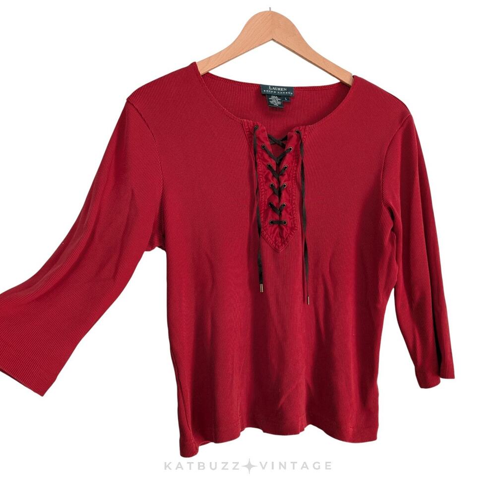 Lauren Ralph Lauren Top L Red 90S Y2K Lace Up Ribbed Corset Boho Western Vtg